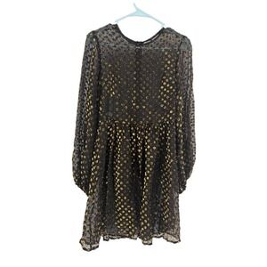 Lenni A-line Dress Black Gold Velvet Sheer Burned Long Balloon Sleeves Mini Sz S